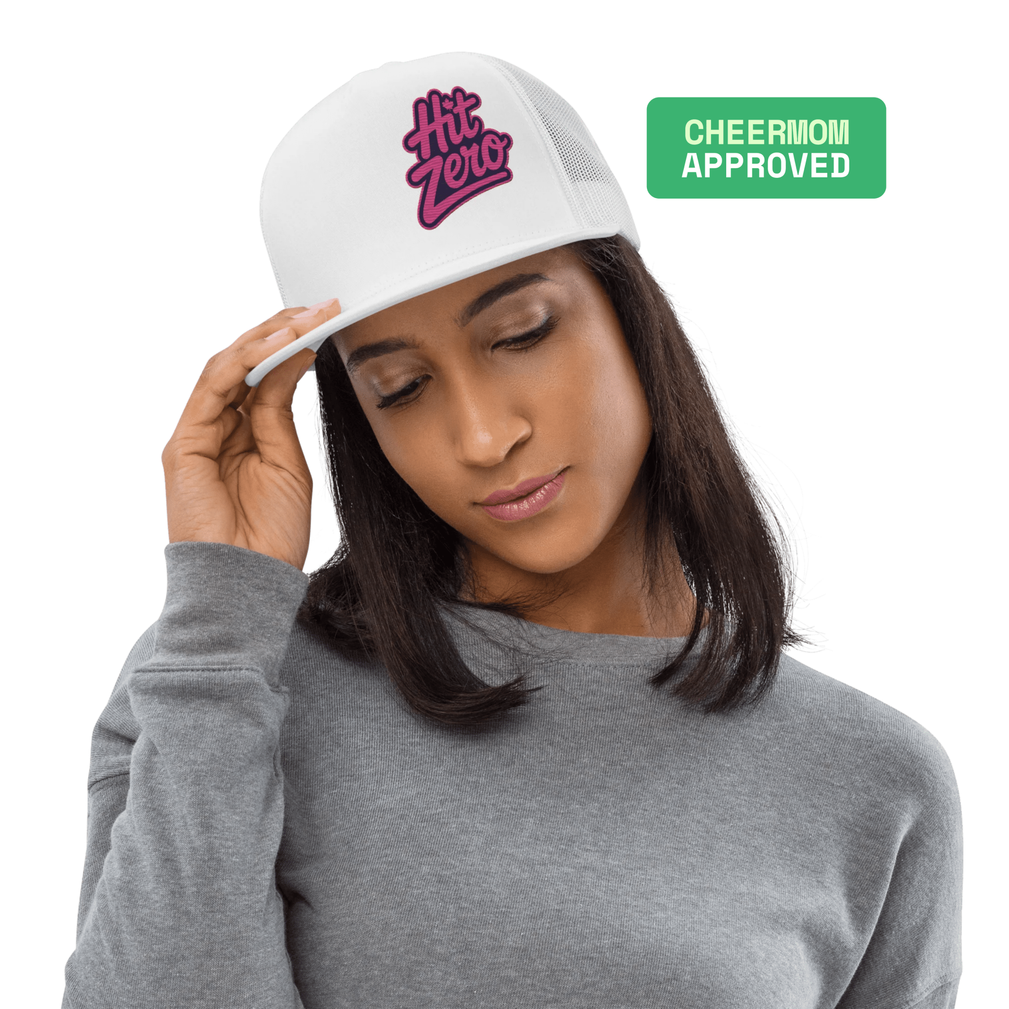 Hit Zero Athletics Classic Trucker Hat - White with Pink - EMBROIDERY - Hit Zero Athletics - cheer Mom approved